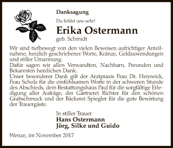 Traueranzeige von Erika Ostermann von Uelzen