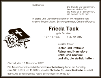 Traueranzeige von Frieda Tack von Uelzen