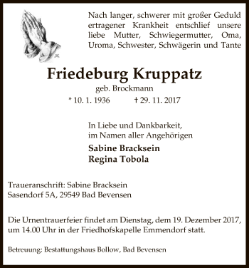 Traueranzeige von Friedeburg Kruppatz von Uelzen