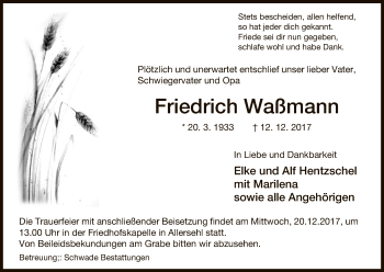 Traueranzeige von Friedrich Waßmann von Uelzen