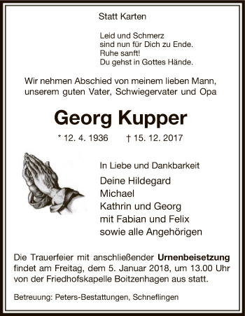 Traueranzeige von Georg Kupper von Uelzen