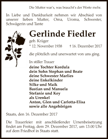 Traueranzeige von Gerlinde Fiedler von Uelzen