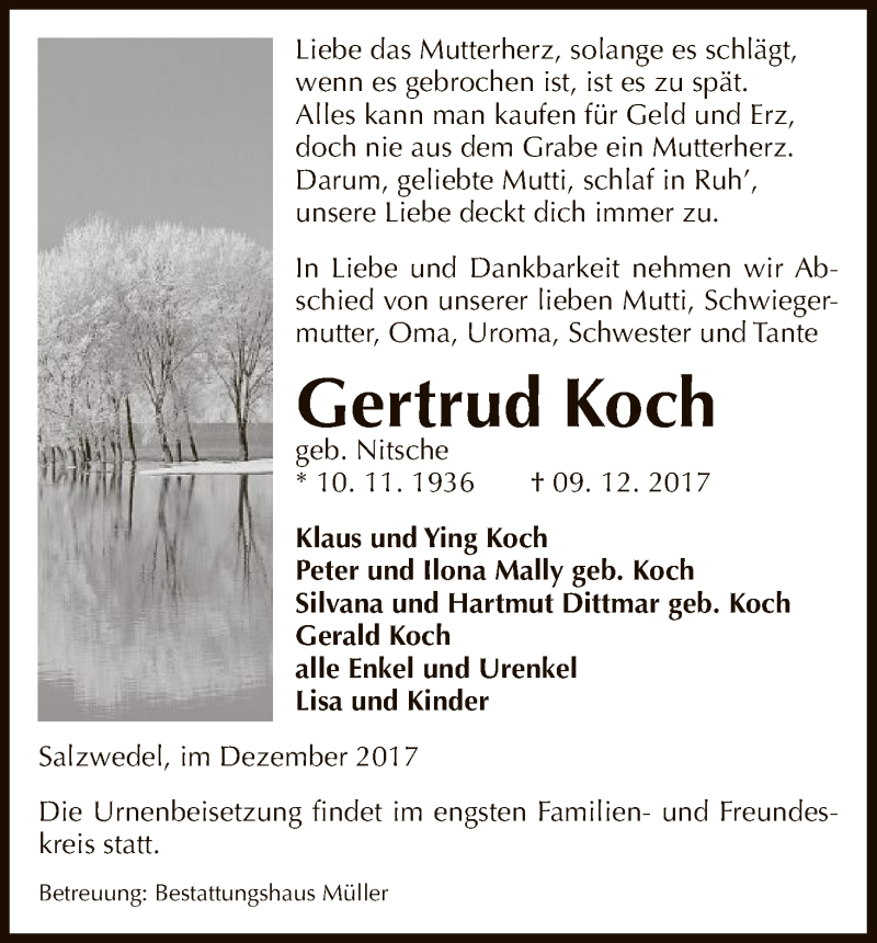  Traueranzeige für Gertrud Koch vom 12.12.2017 aus Uelzen