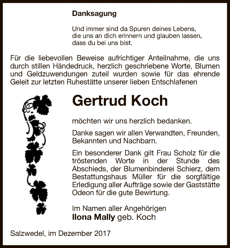  Traueranzeige für Gertrud Koch vom 23.12.2017 aus Uelzen