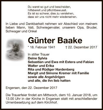 Traueranzeige von Günter Baake von Uelzen