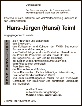 Traueranzeige von Hans-Jürgen Teiml von Uelzen