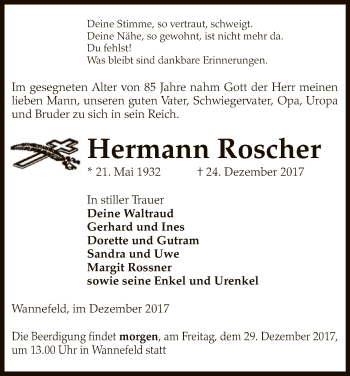 Traueranzeige von Hermann Roscher von Uelzen