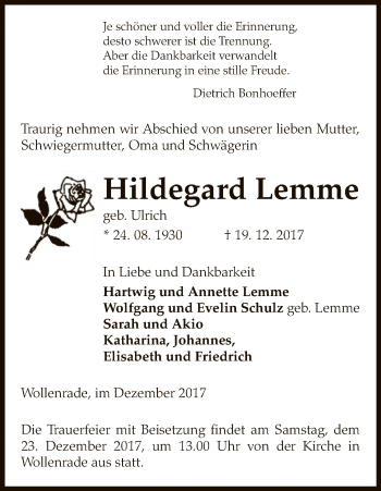 Traueranzeige von Hildegard Lemme von Uelzen