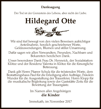 Traueranzeige von Hildegard Otte von Uelzen