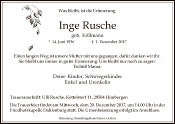 Traueranzeige von Inge Rusche von Uelzen