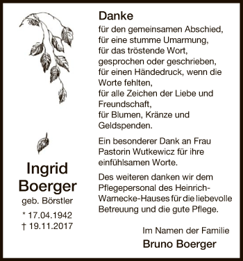 Traueranzeige von Ingrid Boerger von Uelzen