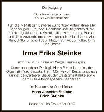 Traueranzeige von Irma Erika Steinke von Uelzen