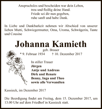 Traueranzeige von Johanna Kamieth von Uelzen