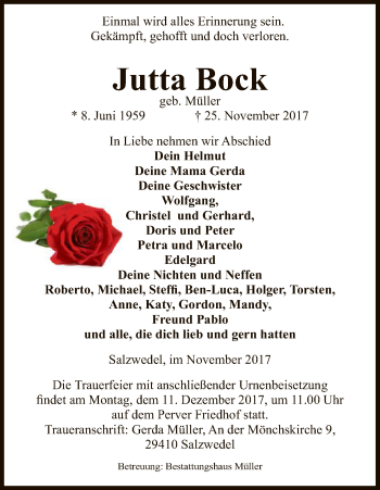 Traueranzeige von Jutta Bock von Uelzen