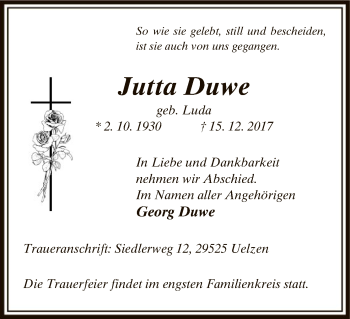 Traueranzeige von Jutta Duwe von Uelzen