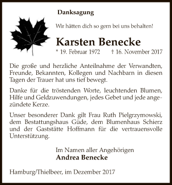 Traueranzeige von Karsten Benecke von Uelzen