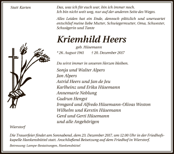 Traueranzeige von Kriemhild Heers von Uelzen