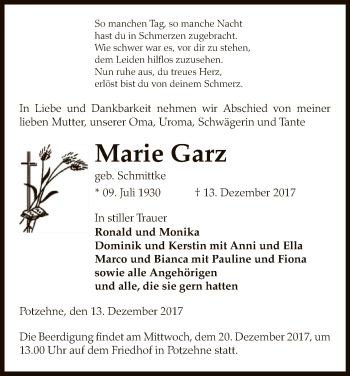 Traueranzeige von Marie Garz von Uelzen