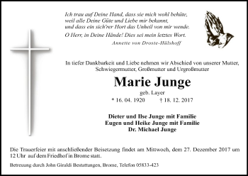 Traueranzeige von Marie Junge von Uelzen