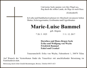 Traueranzeige von Marie-Luise Bammel von Uelzen