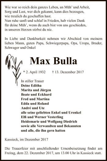 Traueranzeige von Max Bulla von Uelzen