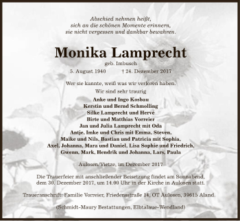 Traueranzeige von Monika Lamprecht von Uelzen