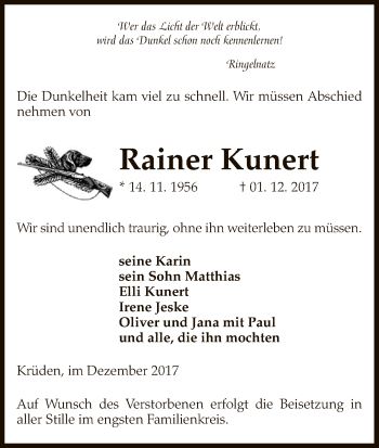 Traueranzeige von Rainer Kunert von Uelzen