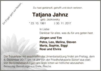 Traueranzeige von Tatjana Jahnz von Uelzen