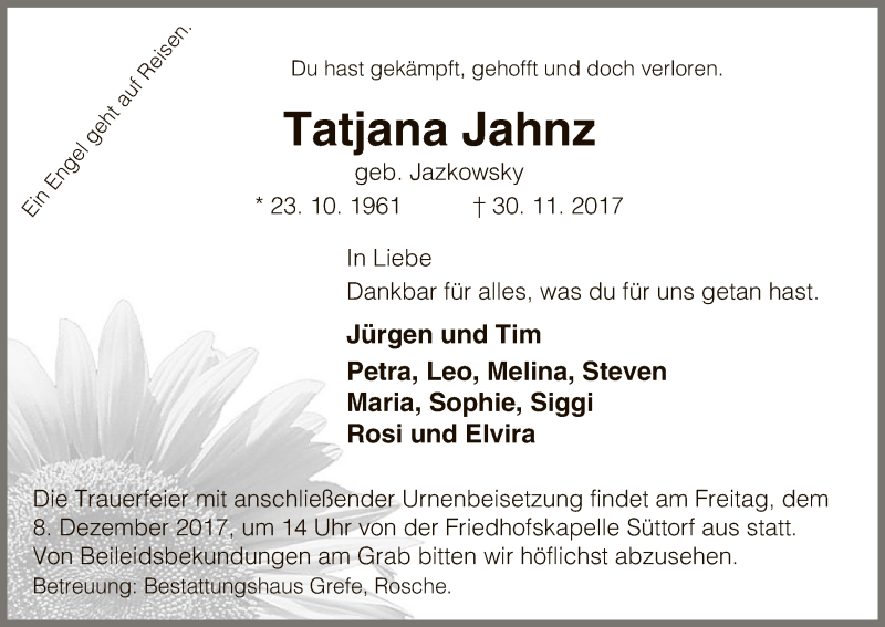  Traueranzeige für Tatjana Jahnz vom 05.12.2017 aus Uelzen