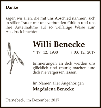 Traueranzeige von Willi Benecke von Uelzen