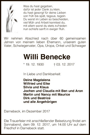 Traueranzeige von Willi Benecke von Uelzen