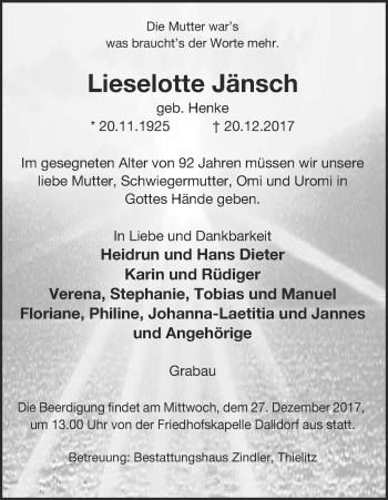 Traueranzeige von Liselotte Jänsch 