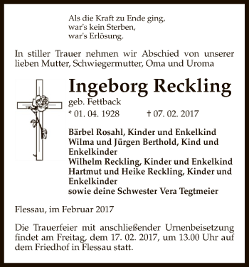 Traueranzeige von Ingeborg Reckling von Uelzen