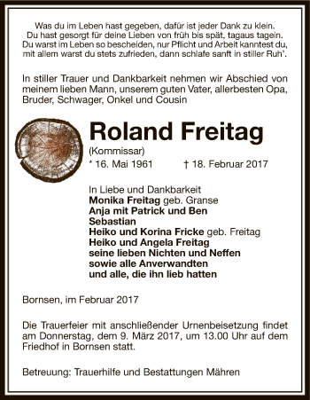 Traueranzeige von Roland Freitag von Uelzen