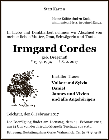 Traueranzeige von Irmgard Cordes von Uelzen