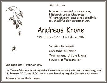 Traueranzeige von Andreas Krone von Uelzen