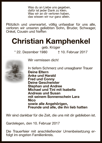 Traueranzeige von Christian Kamphenkel von Uelzen