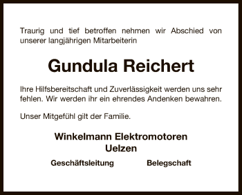 Traueranzeige von Gundula Reichert von Uelzen