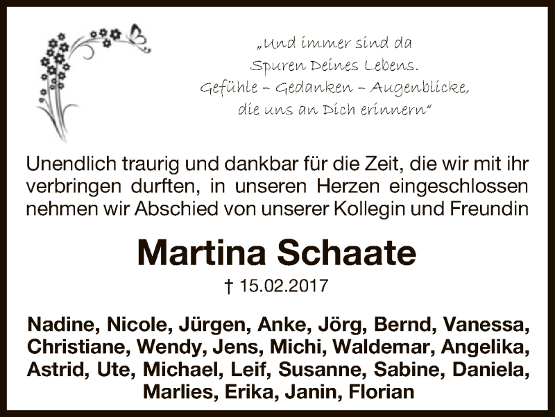  Traueranzeige für Martina Schaate vom 21.02.2017 aus Uelzen