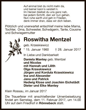 Traueranzeige von Roswitha Mentzel von Uelzen