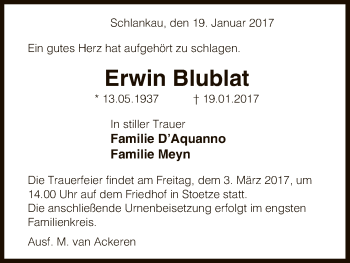 Traueranzeige von Erwin Blublat von Uelzen