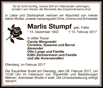 Traueranzeige von Marlis Stumpf von Uelzen