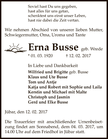 Traueranzeige von Erna Busse von Uelzen