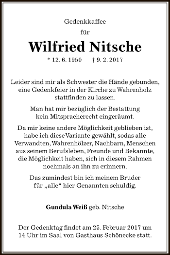 Traueranzeige von Wilfried Nitsche von Uelzen