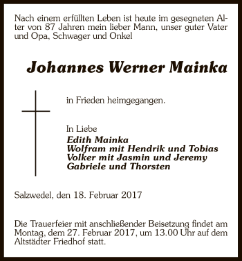 Traueranzeige von Johannes Werner Mainka von Uelzen