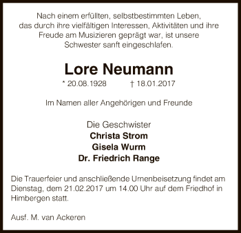 Traueranzeige von Lore Neumann von Uelzen