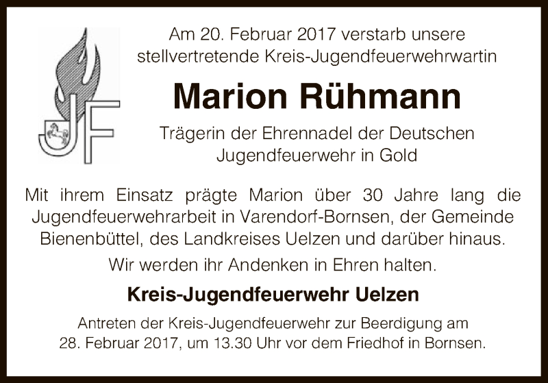  Traueranzeige für Marion Rühmann vom 23.02.2017 aus Uelzen