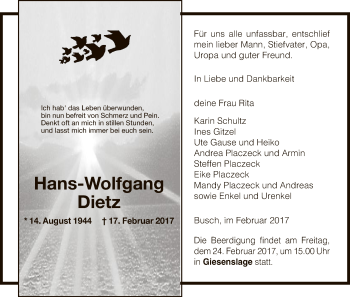 Traueranzeige von Hans-Wolfgang Dietz von Uelzen