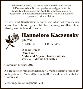 Traueranzeige von Hannelore Kaczensky von Uelzen