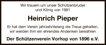 Traueranzeige von Heinrich Pieper von Uelzen